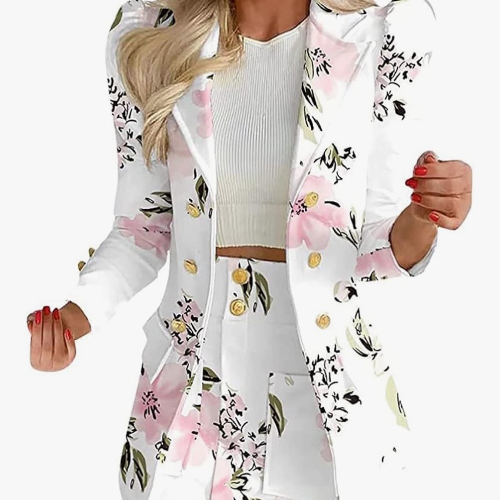 Floral White Blazer and Skirt for Women
